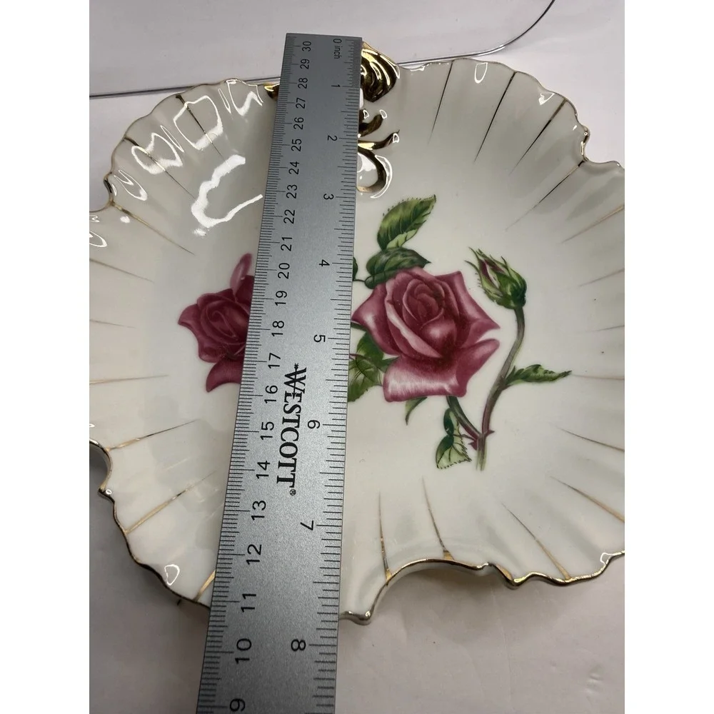 Vintage Hanging Scalloped Edge Floral‎ Dish Roses Gold Trim White Porcelain